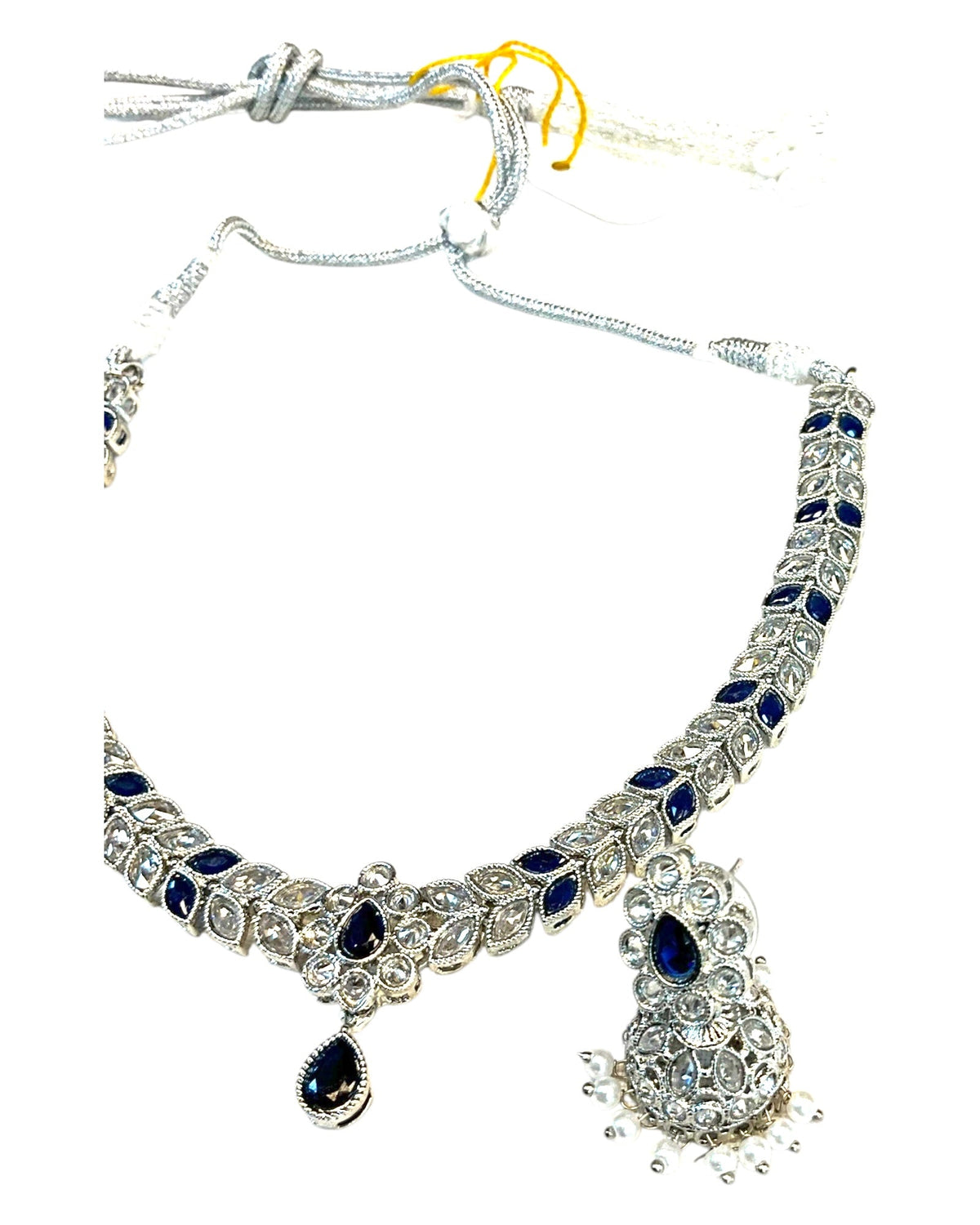 Navy Blue - Small Size Silver Finish Necklace Set with Earrings - SJ05 08C25 - Prachy Creations