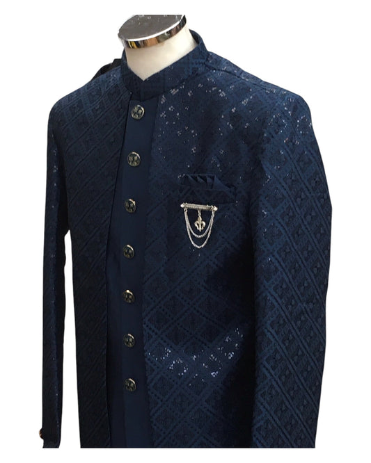 Navy Blue - Stunning Double Layered Mens Sherwani - SHU2508 JC 0325 - Prachy Creations