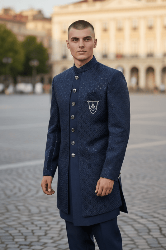 Navy Blue - Stunning Double Layered Mens Sherwani - SHU2508 JC 0325 - Prachy Creations
