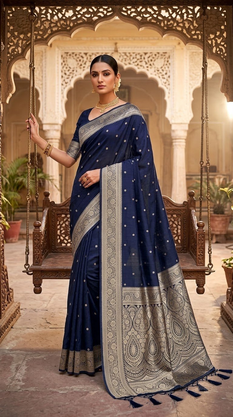 Navy Blue - Traditional Handloom Saree with Blouse Piece - UK stock - 24hr Dispatch - SP2630 KP - Prachy Creations