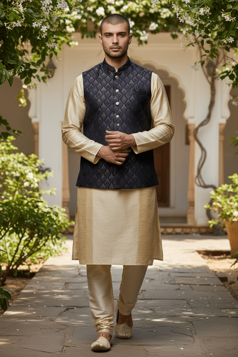 Navy Blue with Contrast Thread Brocade - Premium Mens Waistcoat - VNS-JKT15 10KJ25 - Prachy Creations