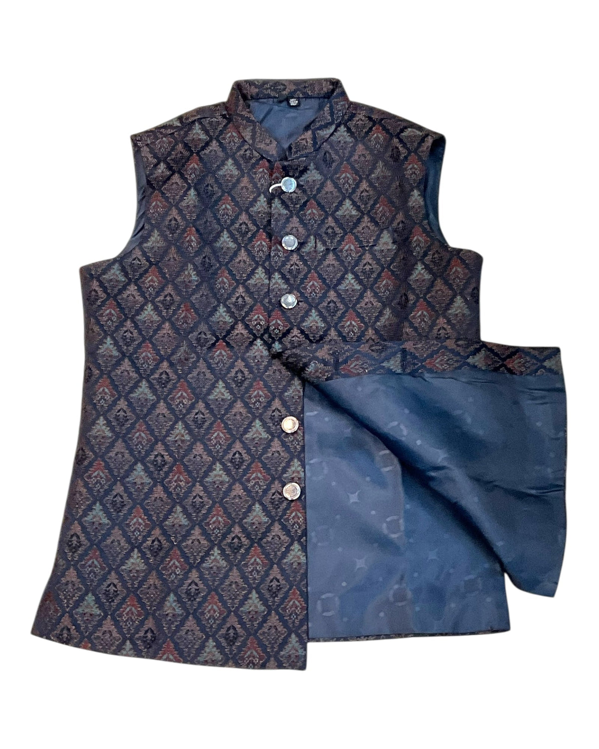 Navy Blue with Contrast Thread Brocade - Premium Mens Waistcoat - VNS-JKT15 10KJ25 - Prachy Creations