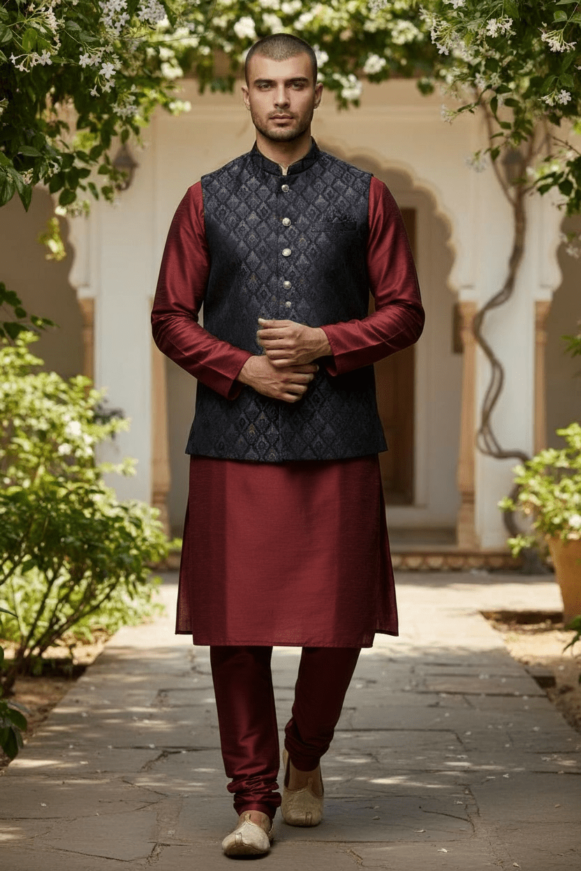Navy Blue with Contrast Thread Brocade - Premium Mens Waistcoat - VNS-JKT15 10KJ25 - Prachy Creations