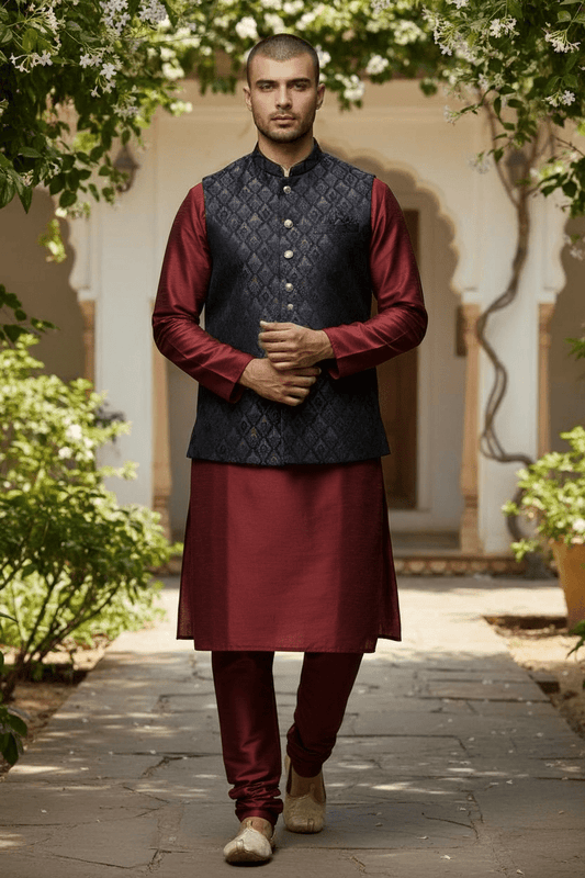 Navy Blue with Contrast Thread Brocade - Premium Mens Waistcoat - VNS-JKT15 10KJ25 - Prachy Creations
