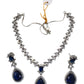 Navy - Medium - Silver Finish Necklace Set with Earrings - AE2409 A 0724 - Prachy Creations