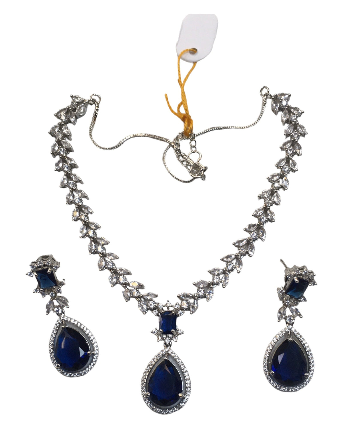 Navy - Medium - Silver Finish Necklace Set with Earrings - AE2409 A 0724 - Prachy Creations