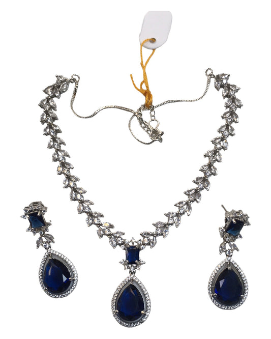 Navy - Medium - Silver Finish Necklace Set with Earrings - AE2409 A 0724 - Prachy Creations