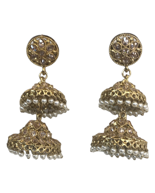 Neutral / Gold - Large - Antique Finish Traditional Zhumki Earrings - Bollywood - Weddings - HB992 C 0724 - Prachy Creations