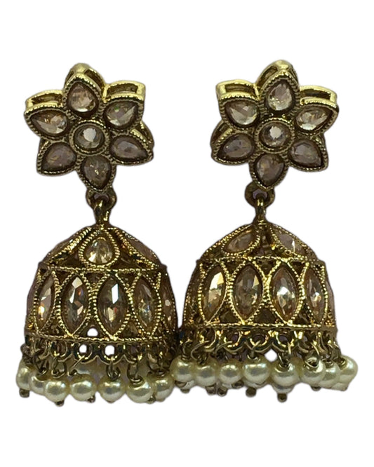 Neutral / Gold - Small - Antique Finish Traditional Zhumki Earrings - Bollywood - Weddings - SV2406 J 0724 - Prachy Creations