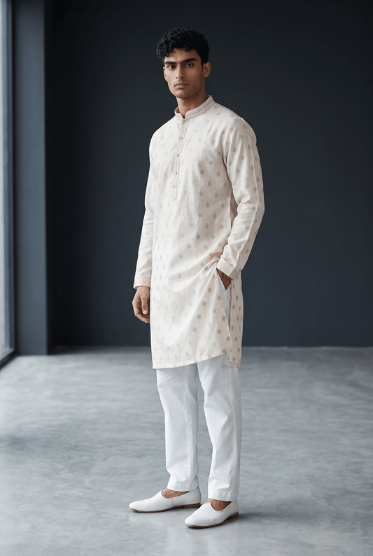 Off White - Banarasi Handloom Brocade Mens Indian Kurta set with Trousers - UK Stock - Weddings / Walimas , Sangeet, Diwali, Eid, Mehndi / Henna - VEE2645 TT - Prachy Creations