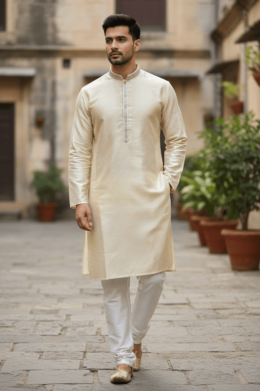 Off White / Cream - Banarasi Handloom Brocade Mens Indian Kurta set - UK Stock - Weddings / Walimas , Sangeet, Diwali, Eid, Mehndi / Henna - VEE2488 VR - Prachy Creations