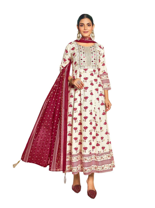 Off White / Cream - Cotton Block Printed Long Dress with Dupatta - Available in Sizes 14(40") & 20 (46") - BH1003 KK 0924 - Prachy Creations