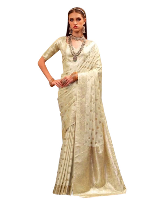 Off White / Cream - Handloom -Silky Banarasi Saree with Blouse Piece - SHEGOL278 10KH25 - Prachy Creations