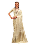 Off White / Cream - Handloom -Silky Banarasi Saree with Blouse Piece - SHEGOL278 10KH25 - Prachy Creations