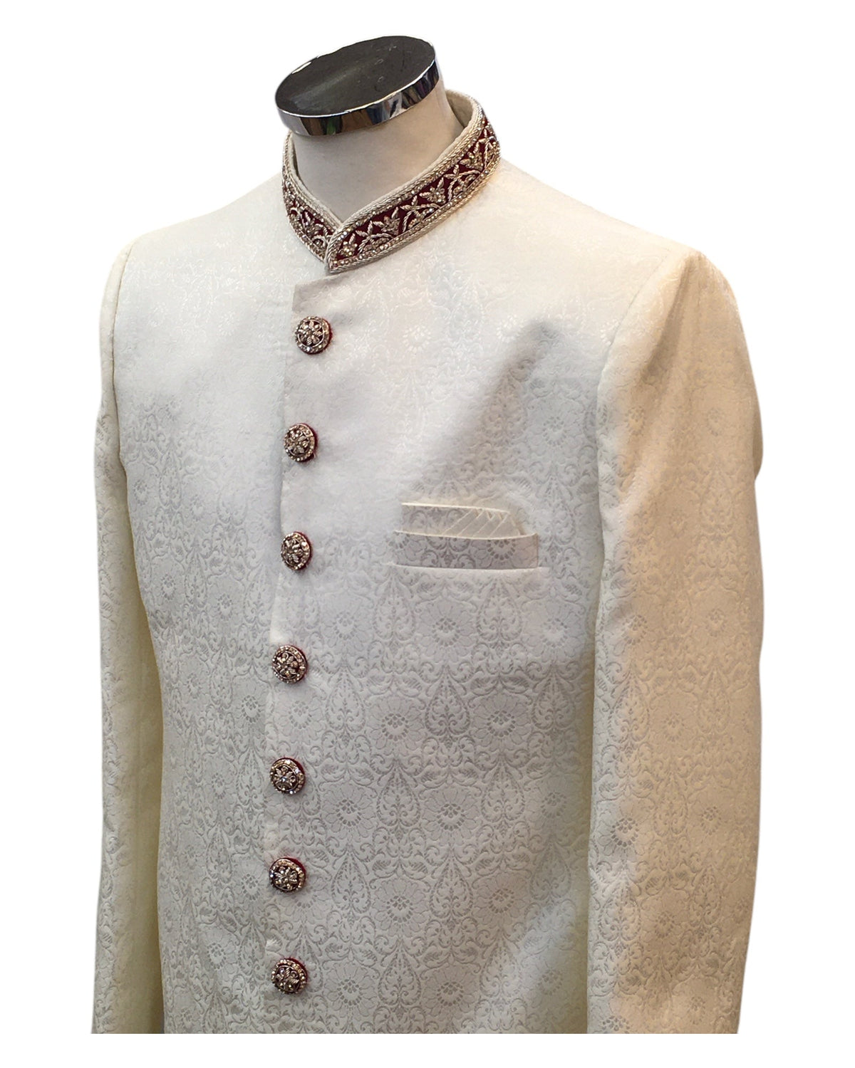 Off White / Cream - Rich Handloom Banarasi Sherwani with Contrast collar & Buttons - BS921 01AP25 - Prachy Creations