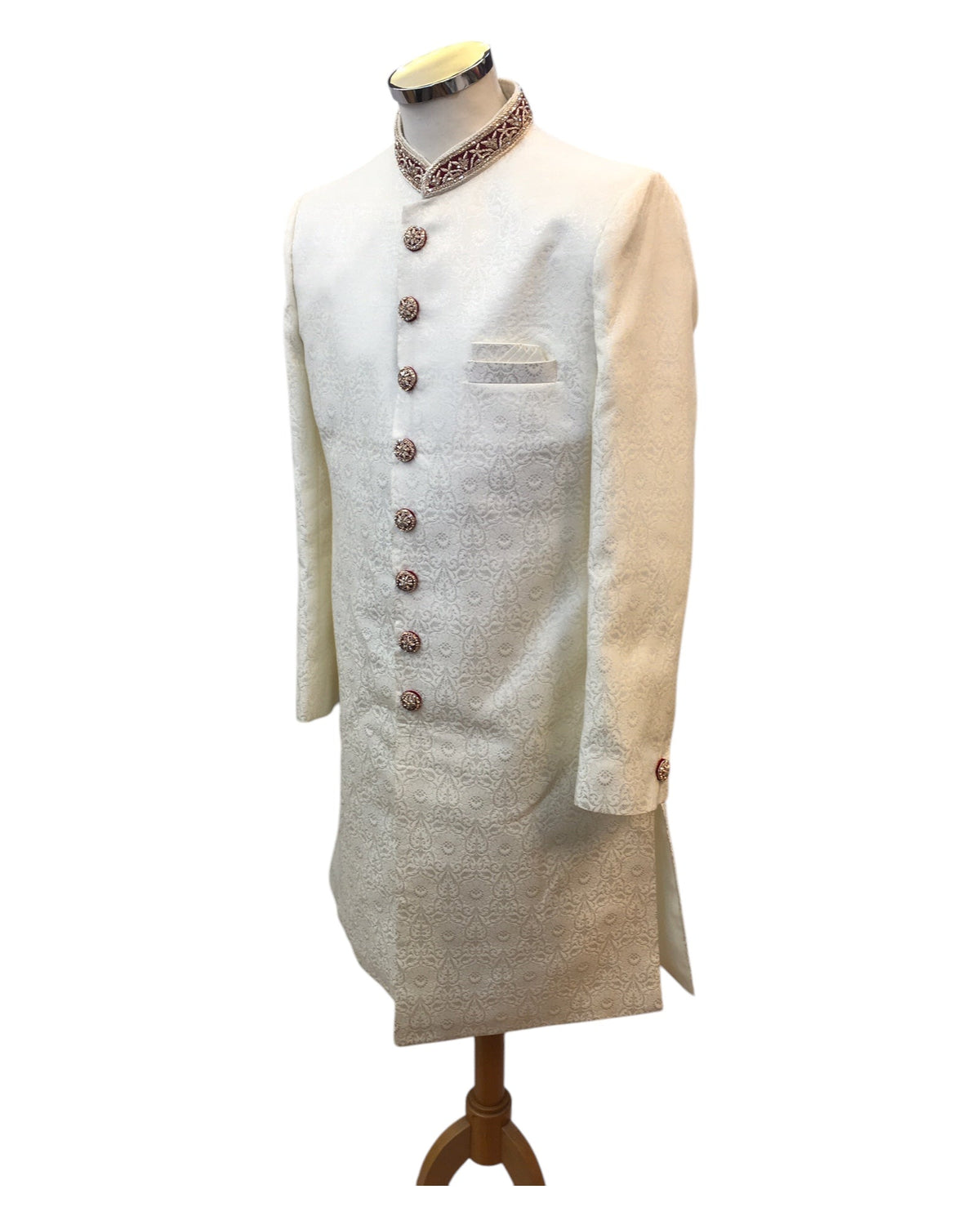 Off White / Cream - Rich Handloom Banarasi Sherwani with Contrast collar & Buttons - BS921 01AP25 - Prachy Creations