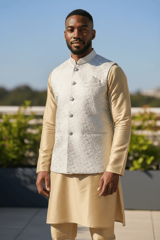 Off White / Cream Self Banarasi Brocade - Premium Mens Waistcoat - VNS-JKT16 10KP25 - Prachy Creations