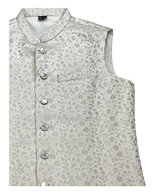 Off White / Cream Self Banarasi Brocade - Premium Mens Waistcoat - VNS-JKT16 10KP25 - Prachy Creations