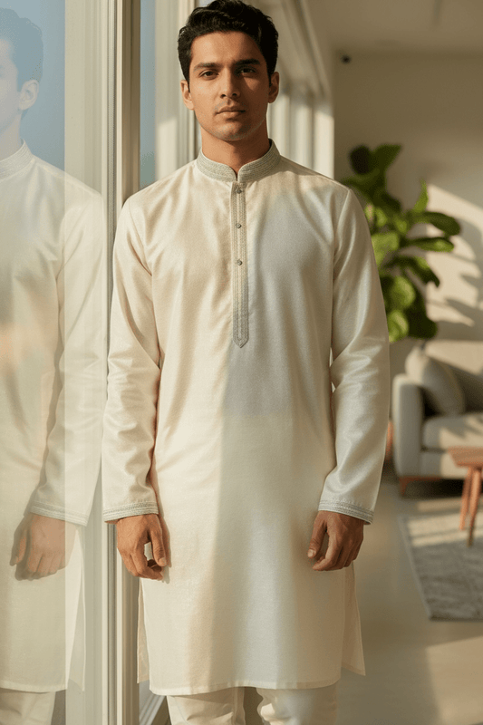 Off White / Cream - Silky Mens Indian Kurta set - UK Stock - Ideal to Pair with a Waistcoat - VEE2483 KH - Prachy Creations