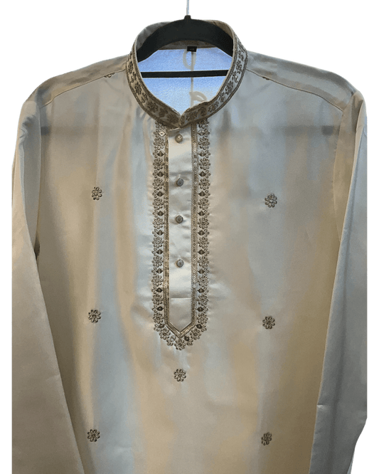 Off White / Cream - Soft Cotton Silky Mens Kurta Set with Neck Thread Embroidery- Sangeet Mehendi Haldi - KCS1019 06KC26 - Prachy Creations