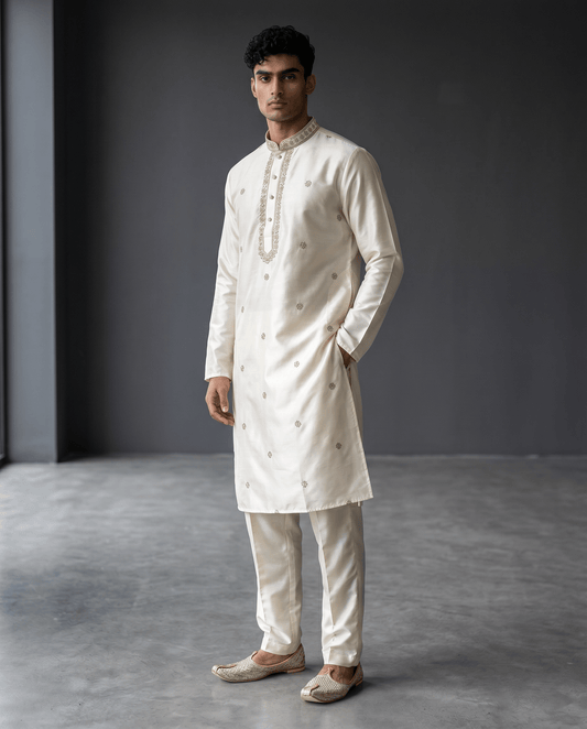 Off White / Cream - Soft Cotton Silky Mens Kurta Set with Neck Thread Embroidery- Sangeet Mehendi Haldi - KCS1019 06KC26 - Prachy Creations