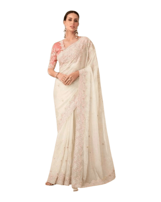 Off White - Fancy Saree with contrast Blouse Piece - UK stock - 24hr Dispatch - TFH205TT - Prachy Creations
