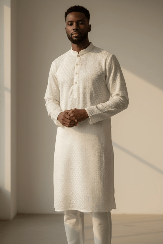 Off White - Rich Sequins Lucknowi Chiffon Mens Indian Kurta Set with Smart Pants - Weddings / Walimas , Sangeet, Eid, Mehndi / Henna - YD2501 KC 0225 - Prachy Creations