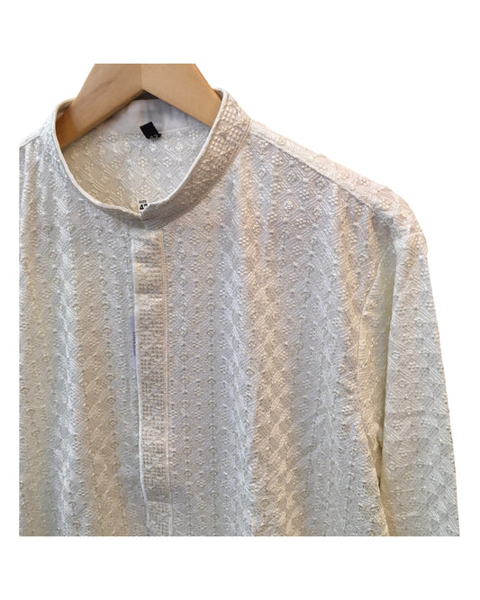Off White - Rich Sequins Lucknowi Chiffon Mens Indian Kurta Set with Smart Pants - Weddings / Walimas , Sangeet, Eid, Mehndi / Henna - YD2501 KC 0225 - Prachy Creations