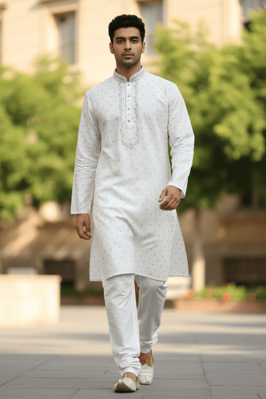 Off White - Self Brocade - Light Blue Thread Work Mens Kurta Set - Sangeet Mehendi Haldi - KCS2038 03VY26 - Prachy Creations