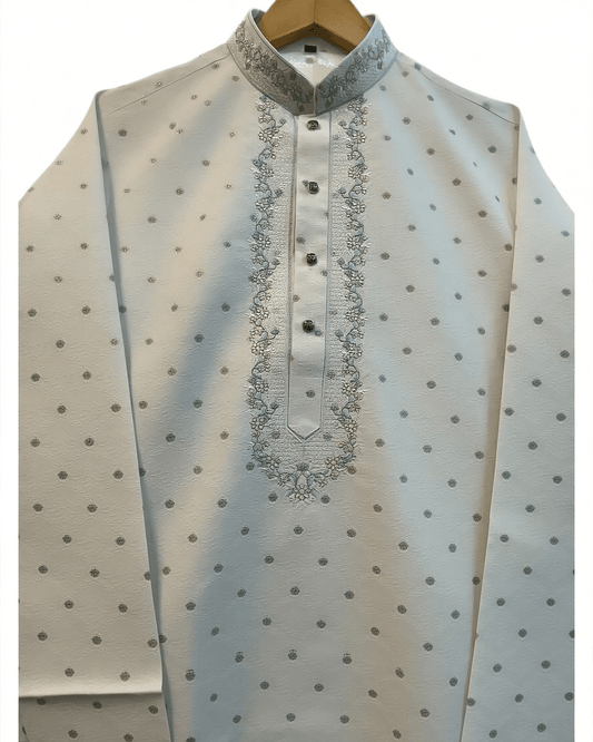 Off White - Self Brocade - Light Blue Thread Work Mens Kurta Set - Sangeet Mehendi Haldi - KCS2038 03VY26 - Prachy Creations