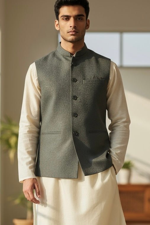 Olive Green Self Brocade - Premium Suede Feel Mens Indian Waistcoat - UK Stock - 24 hr Dispatch - VNS-JKT697/28 10KP25 - Prachy Creations