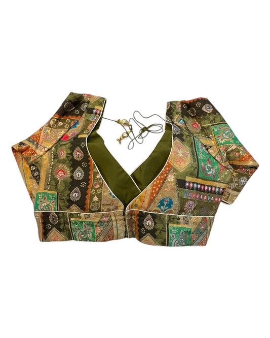 Olive / Mehndi / Henna Green - Banarasi Brocade Saree / Lehenga blouse - 36" Bust (UK 10) Can be let out to size 12 - VFJ204 01KP25 - Prachy Creations