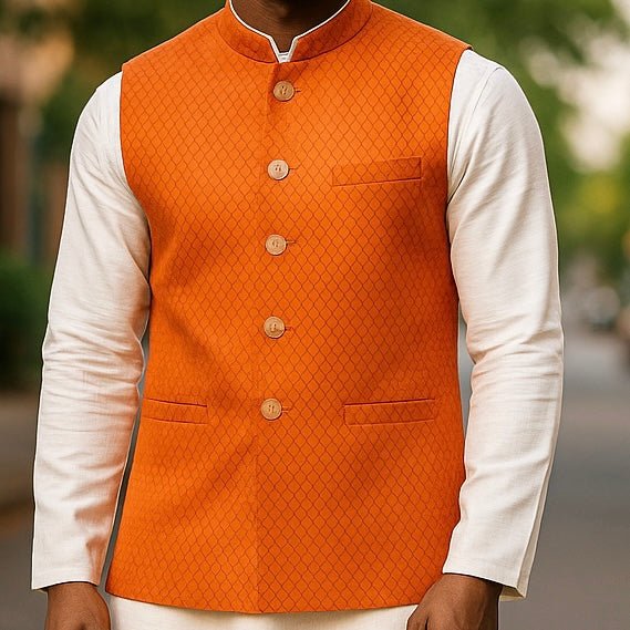 Orange / Rust - Banarasi Handloom Brocade Mens Waistcoat - KCS2505 05KJ25 - Prachy Creations