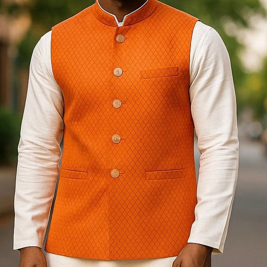 Orange / Rust - Banarasi Handloom Brocade Mens Waistcoat - KCS2505 05KJ25 - Prachy Creations