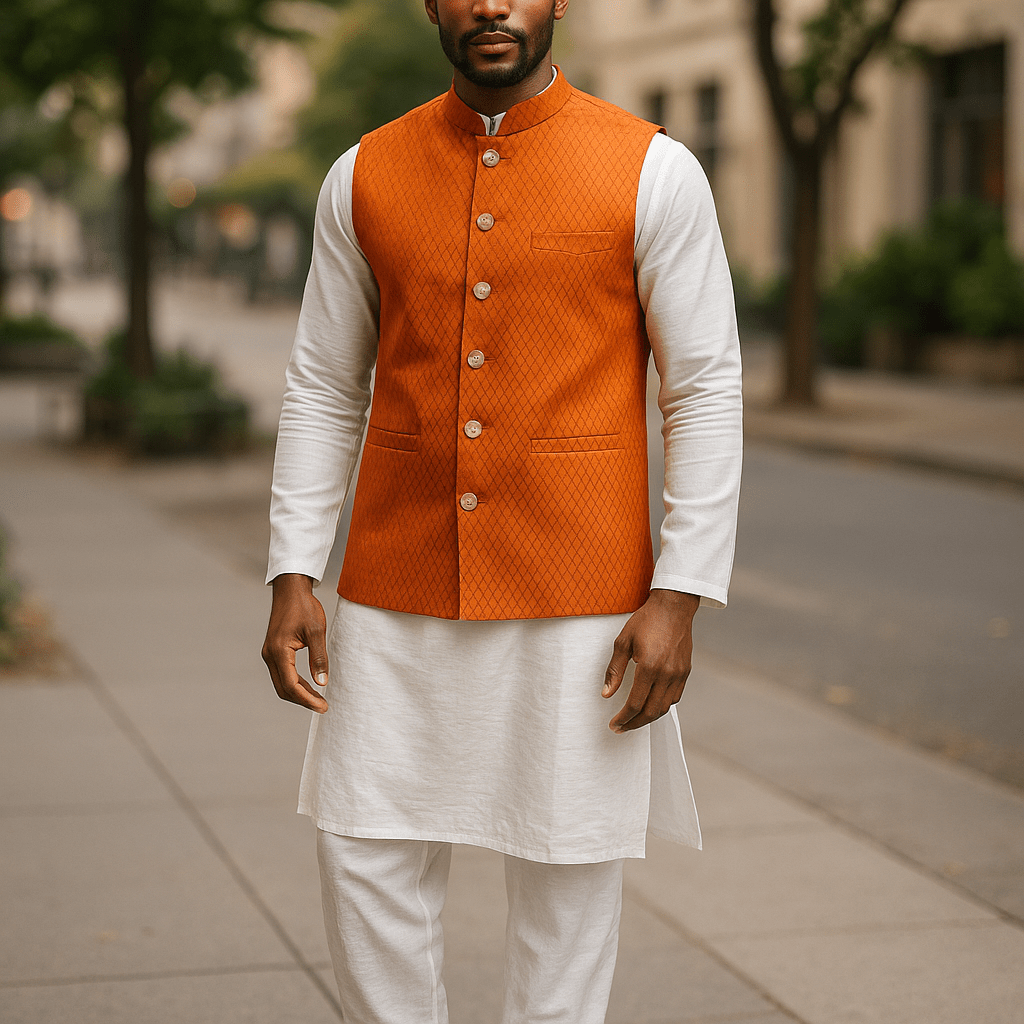 Orange / Rust - Banarasi Handloom Brocade Mens Waistcoat - KCS2505 05KJ25 - Prachy Creations