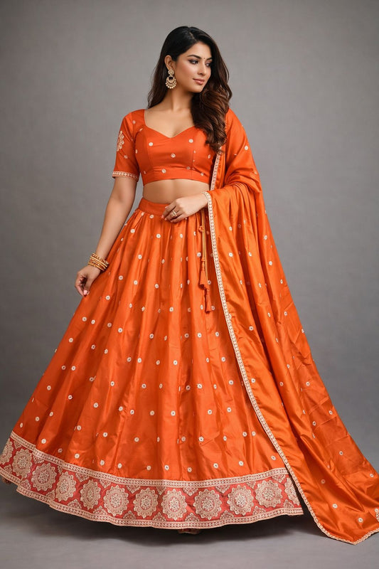 Orange - Silky Lehenga Set - Mehndi / Sangeet / Bridesmaid / Weddings / Garba - Size UK 12 (38" Bust) Adjustable to Size 14 - UK Stock - 24h Dispatch - AF2602 02TY26 - Prachy Creations