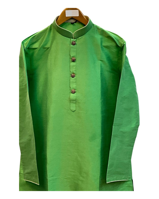 Parrot Green - Silky Mens Indian Kurta set - UK Stock - Ideal to Pair with a Waistcoat - VEE1095 KJ - Prachy Creations