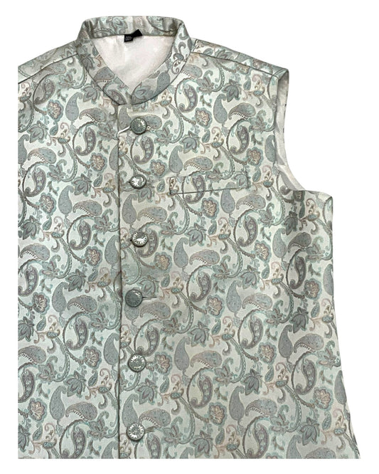 Pastel Green with Light Pink & Gold Thread Brocade - Premium Mens Waistcoat - VNS-JKT7910/2 10KJ25 - Prachy Creations