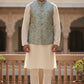 Pastel Green with Light Pink & Gold Thread Brocade - Premium Mens Waistcoat - VNS-JKT7910/2 10KJ25 - Prachy Creations