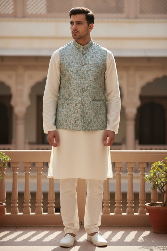 Pastel Green with Light Pink & Gold Thread Brocade - Premium Mens Waistcoat - VNS-JKT7910/2 10KJ25 - Prachy Creations