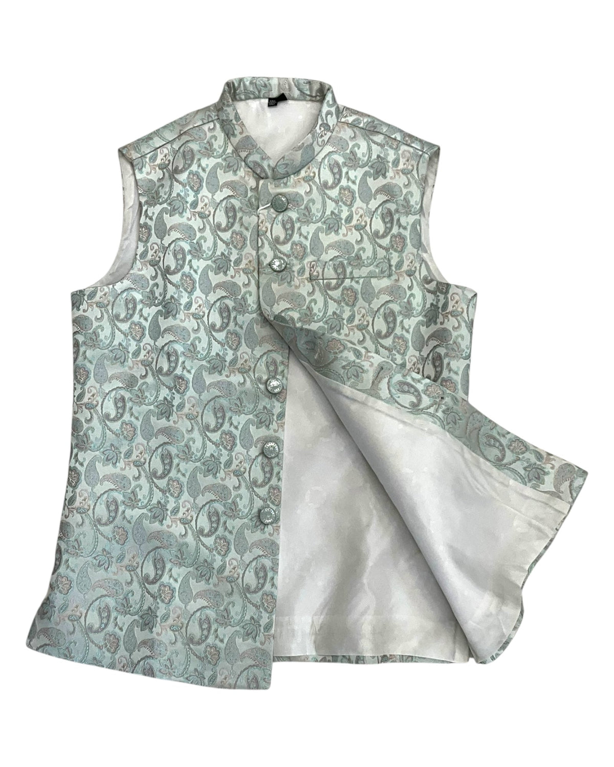 Pastel Green with Light Pink & Gold Thread Brocade - Premium Mens Waistcoat - VNS-JKT7910/2 10KJ25 - Prachy Creations
