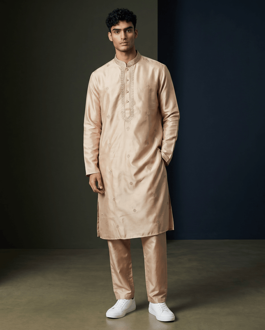 Pastel Peach - Soft Cotton Silky Mens Kurta Set with Neck Thread Embroidery- Sangeet Mehendi Haldi - KCS1019 06KC26 - Prachy Creations