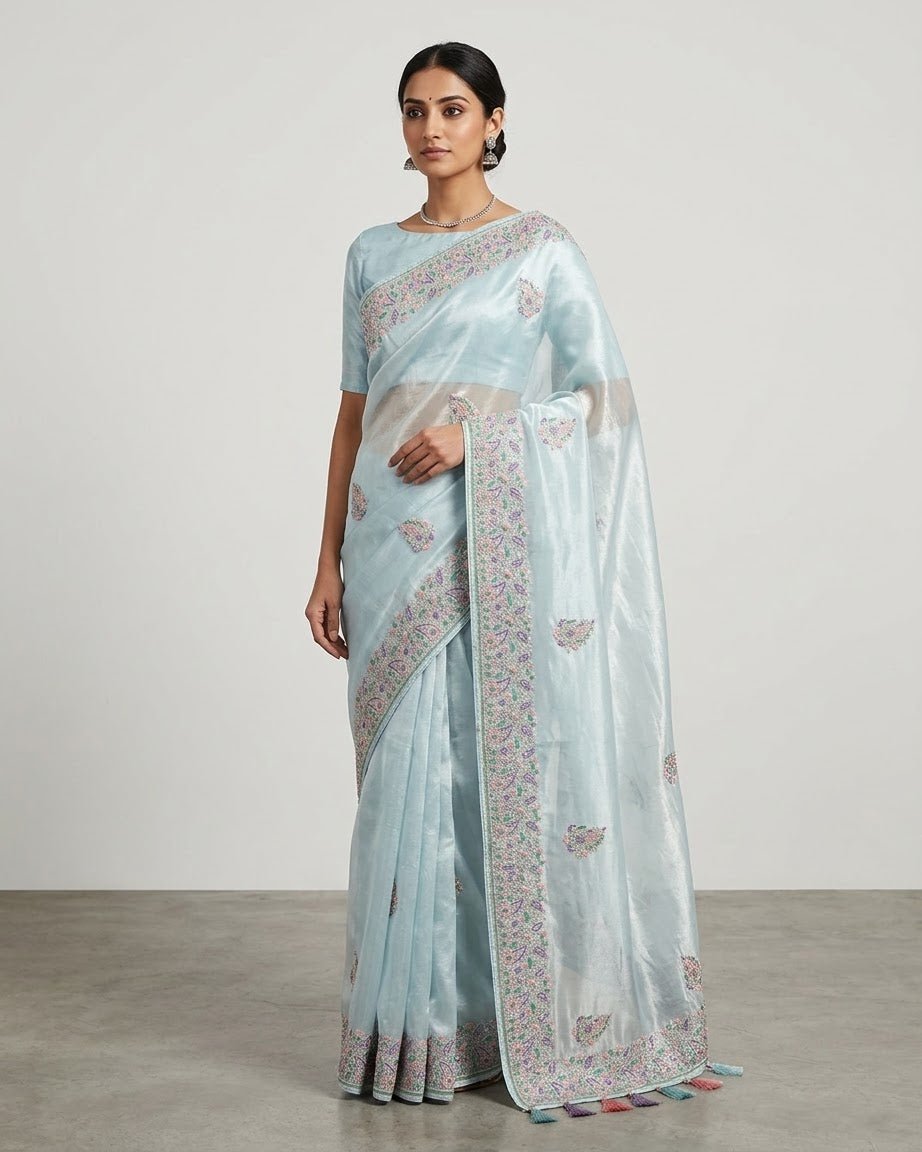 Pastel Sky Blue - Fancy Party Saree with Blouse Piece - UK stock - 24hr Dispatch - SP2602 VH - Prachy Creations
