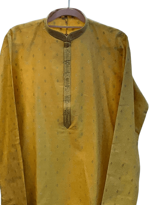 Pastel Yellow - Banarasi Handloom Brocade Mens Indian Kurta set with Trousers - UK Stock - Weddings / Walimas , Sangeet, Diwali, Eid, Mehndi / Henna - VEE3009 VV - Prachy Creations