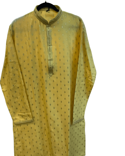 Pastel Yellow - Banarasi Handloom Brocade Mens Indian Kurta set with Trousers - UK Stock - Weddings / Walimas , Sangeet, Diwali, Eid, Mehndi / Henna - VEE3024 VV - Prachy Creations