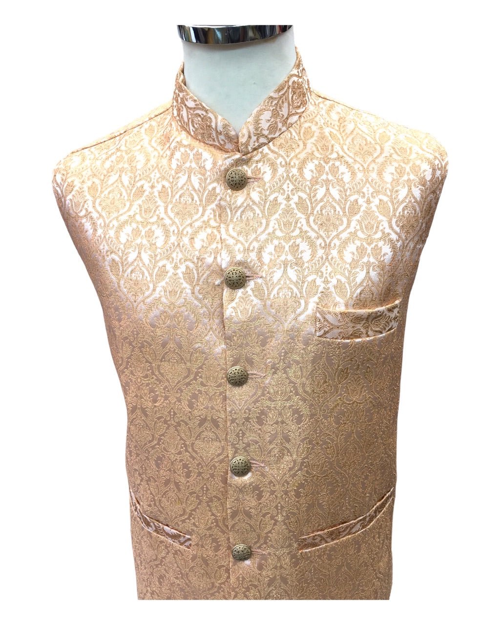 Peach - Banarasi Handloom Brocade Mens Waistcoat - KCS2304 KK 0923 - Prachy Creations
