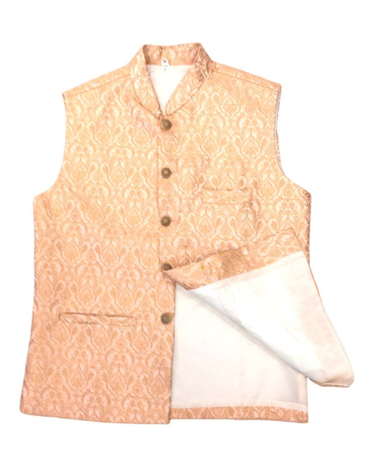 Peach - Banarasi Handloom Brocade Mens Waistcoat - KCS2304 KK 0923 - Prachy Creations