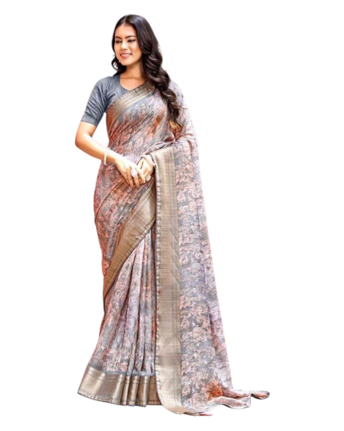Peach /.Grey - Crepe Printed Saree with Blouse Piece - KASVRI 104 10KK25 - Prachy Creations