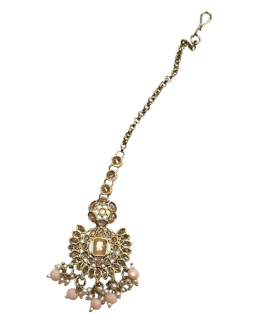 Peach - Large - Antique Gold Finish Traditional Tika Head piece - Bollywood - Weddings - PRI1773 11V24 - Prachy Creations