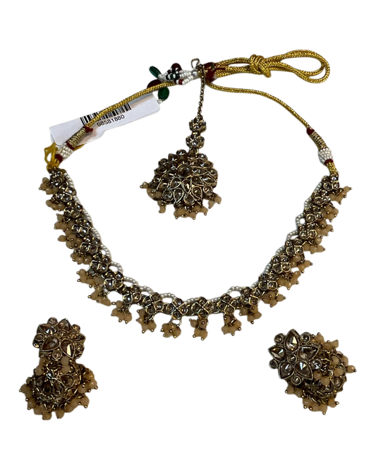 Peach - Medium Size Antique Gold Finish Necklace Set with Earrings & Head Piece - RAK436 04A26 - Prachy Creations